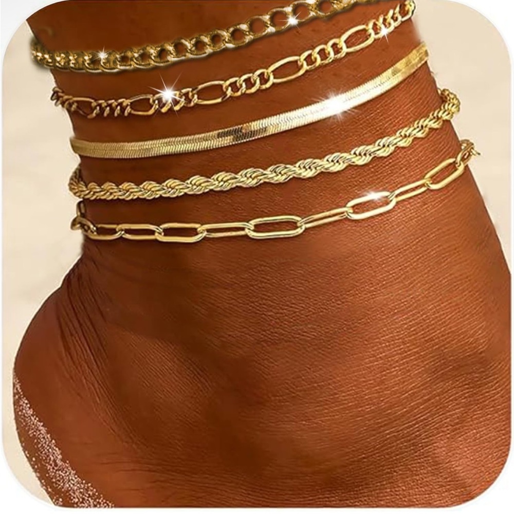 💋Gold Anklets Bracelets Set 5PCS)for Women, Adjustable 6.5"+ 2" Extender NwT